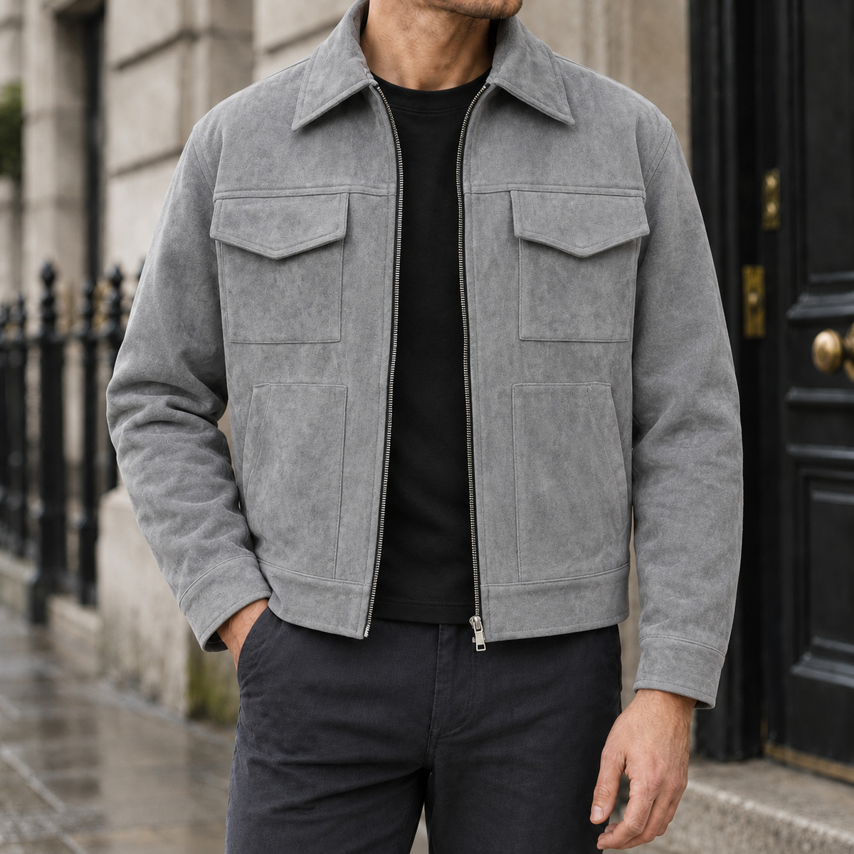 Dalton Faux-Suede Zip Jacket - Grey, worn, full jacket