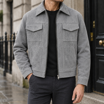 Dalton Faux-Suede Zip Jacket - Grey, worn, full jacket