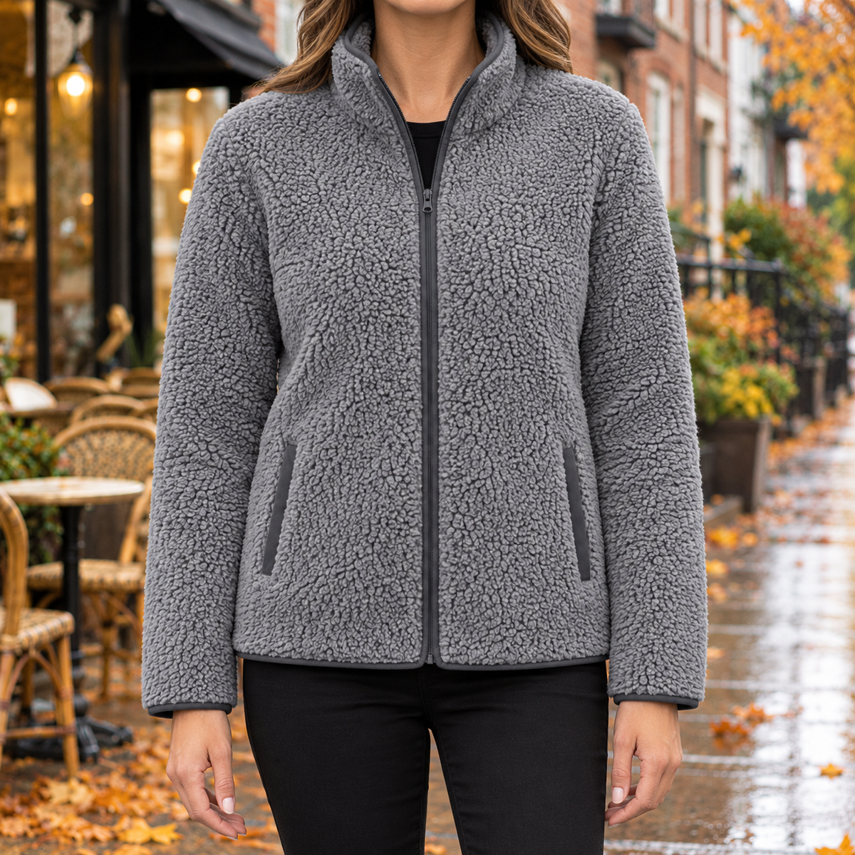 Ellie Piped Teddy Zip Jacket - Grey, worn, full jacket