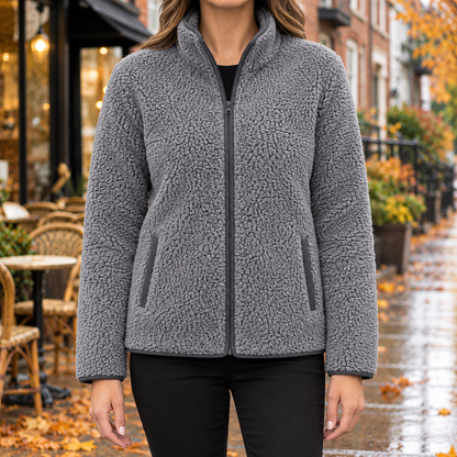 Ellie Piped Teddy Zip Jacket - Grey, worn, full jacket