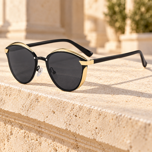 Grace Metal-Brow Cat-Eye Sunglasses — Black/Grey, full frame