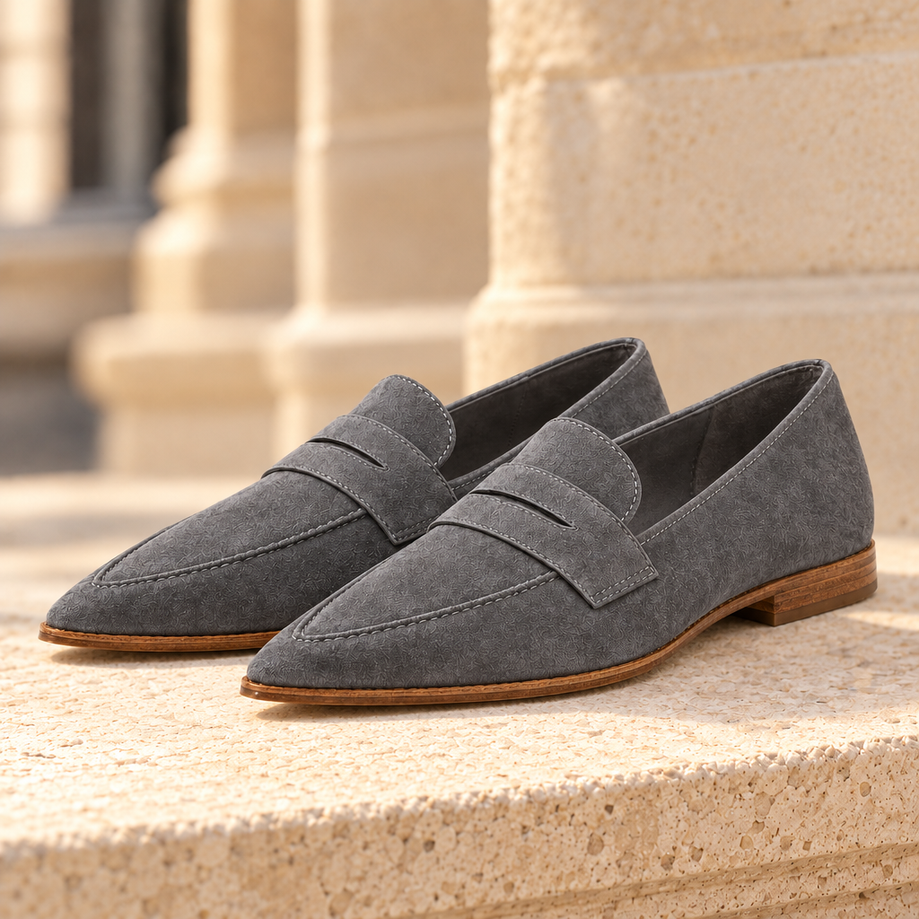 Hazel Pointed Suede Penny Loafers - Grey, full pair