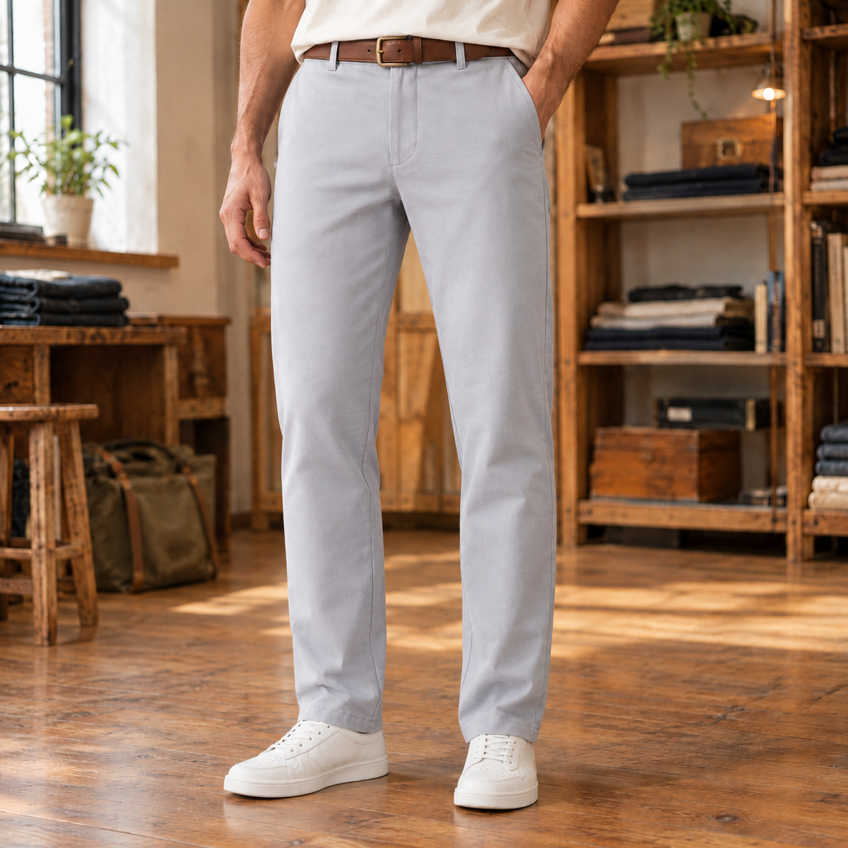 Connor Four-Way Stretch Trousers - Light Grey, worn, full trousers