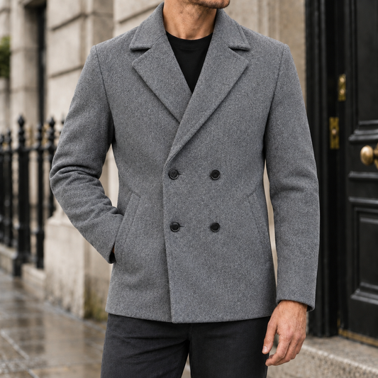 Calvin Brushed Double-Breasted Peacoat - Grey, worn, full coat