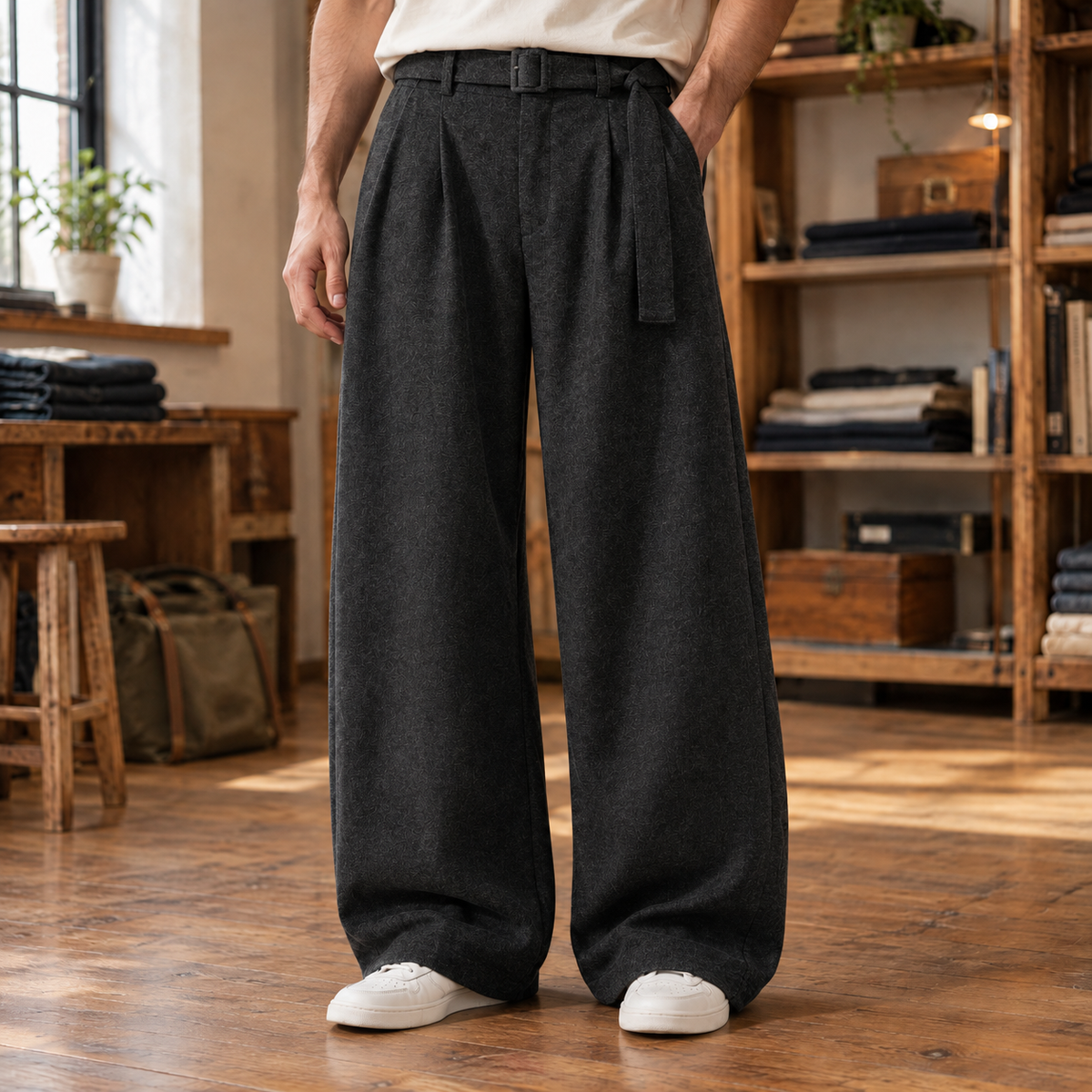 Warren Belted Wool-Blend Wide-Leg Trousers - Grey, worn, full trousers