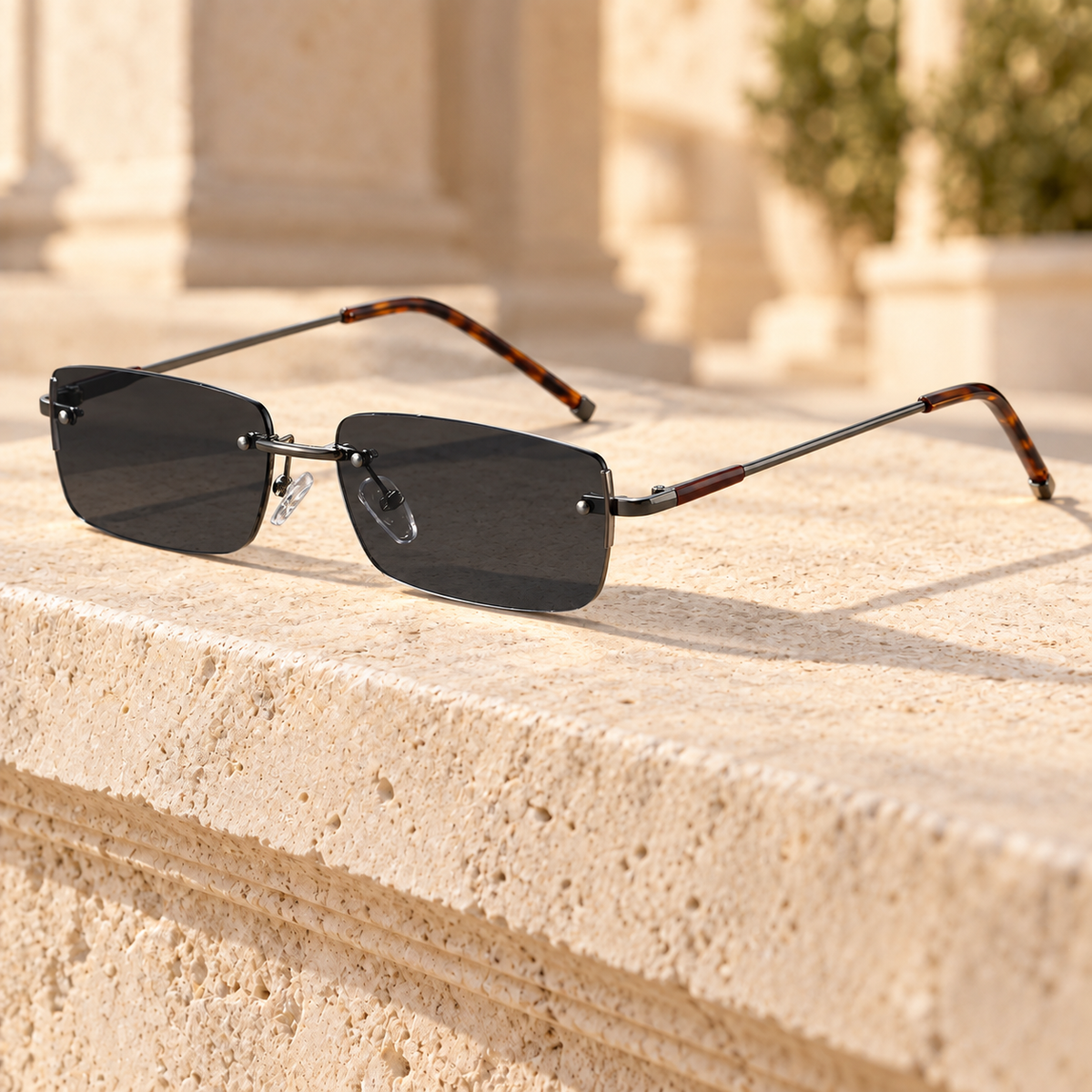Ansel Rimless Rectangle Sunglasses — Gunmetal/Grey, full frame