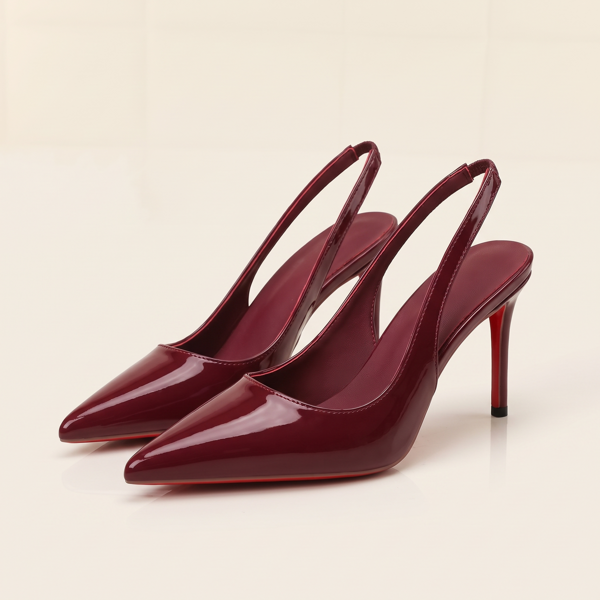 The Margaux slingback heel in Bordeaux, pair, three-quarter view