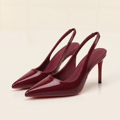 The Margaux slingback heel in Bordeaux, pair, three-quarter view