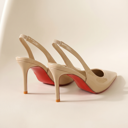 The Margaux slingback heel in Crème, back view of the slingback straps and stiletto heels