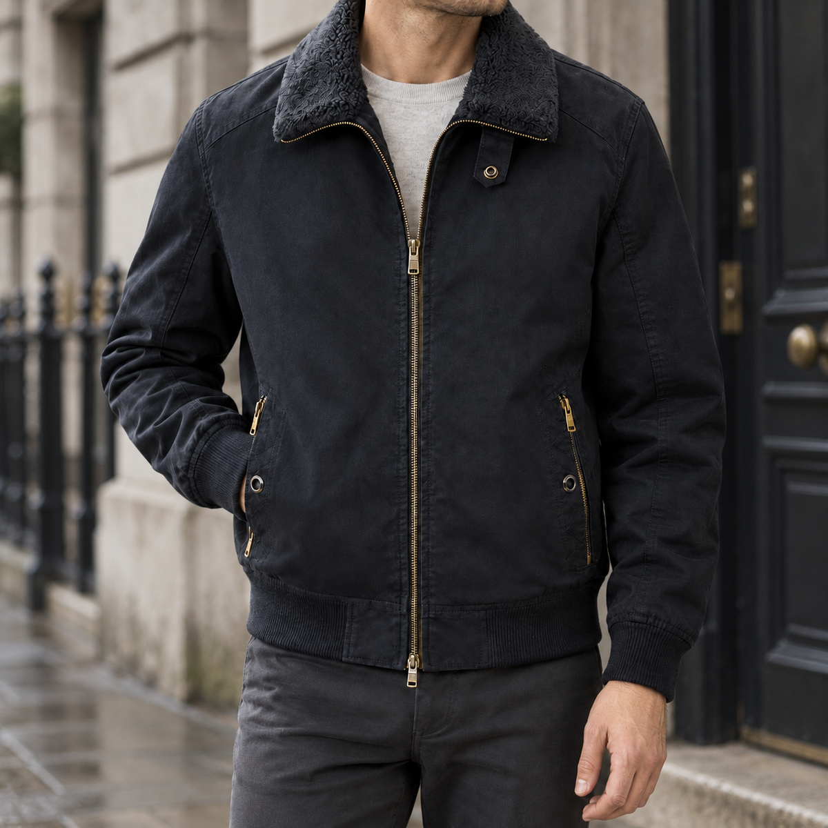 Ronan Fleece Collar Jacket - Black Blue