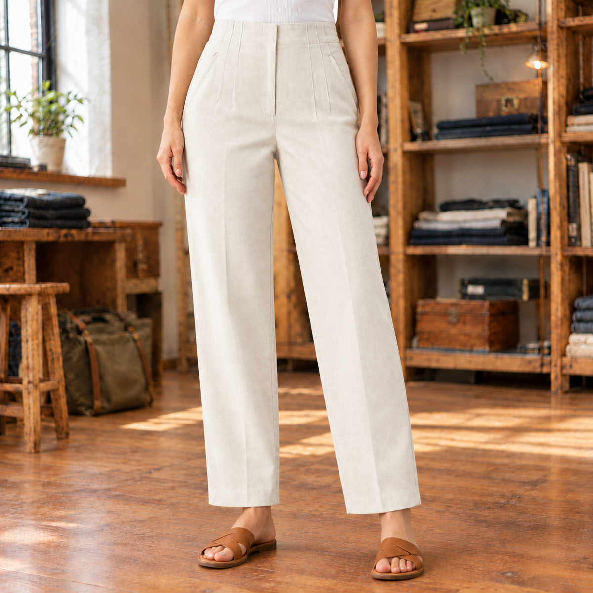 Rachel High-Waist Seamed Trousers - Ivory, worn, full trousers