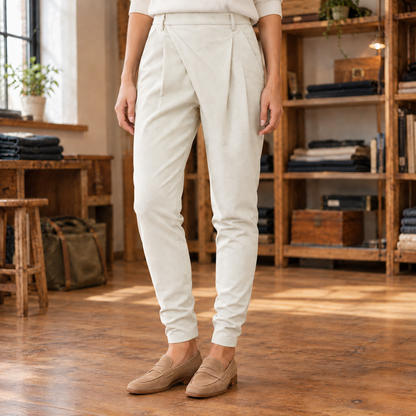 Claire Crossover Pleated Trousers - Ivory, worn, full trousers