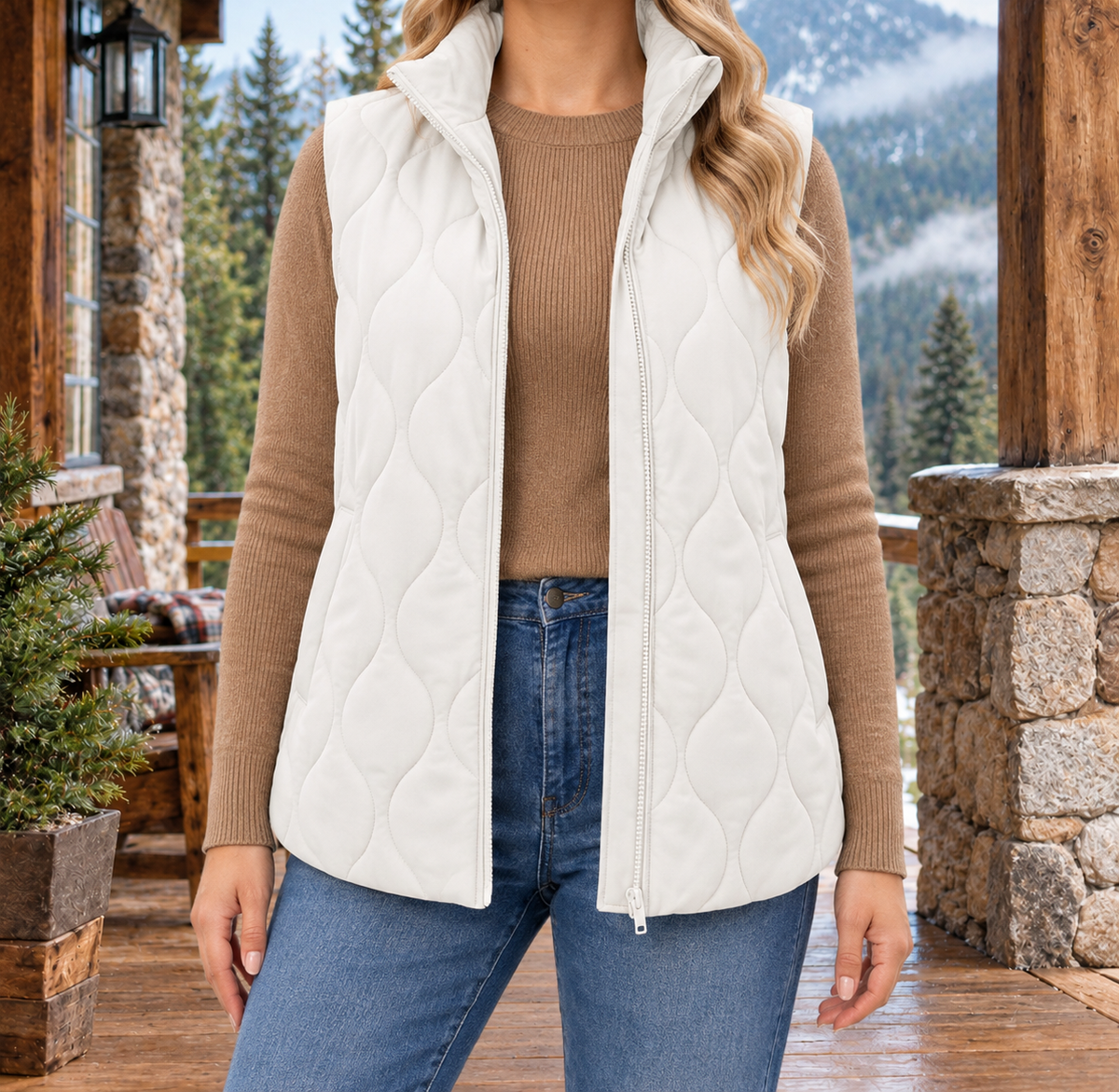 Megan Wave-Quilted Zip Vest - Ivory, worn, full vest