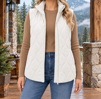 Megan Wave-Quilted Zip Vest - Ivory, worn, full vest