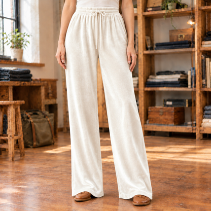 Violet Velvet Drawstring Wide-Leg Pants - Ivory, worn, full length