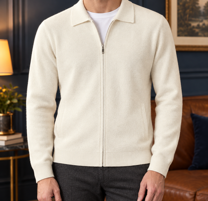 Walter Wool Zip Polo Cardigan - Ivory, worn, full cardigan