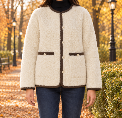 Sophie Contrast-Trim Teddy Jacket - Ivory, worn, full jacket