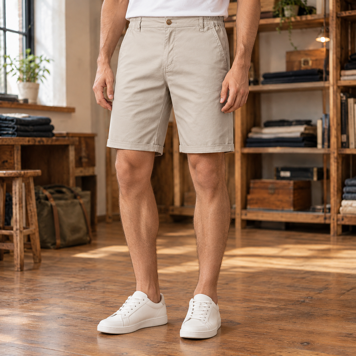 Bram Cotton Chino Shorts — Khaki, worn, full shorts