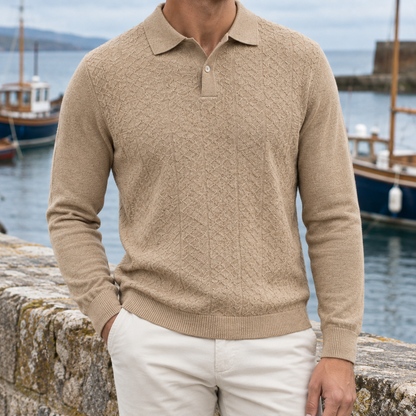 Grant Braided-Knit Long-Sleeve Polo - Khaki, worn