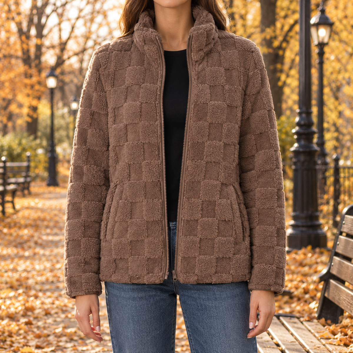 Haley Checkered Plush Zip Jacket - Khaki, worn