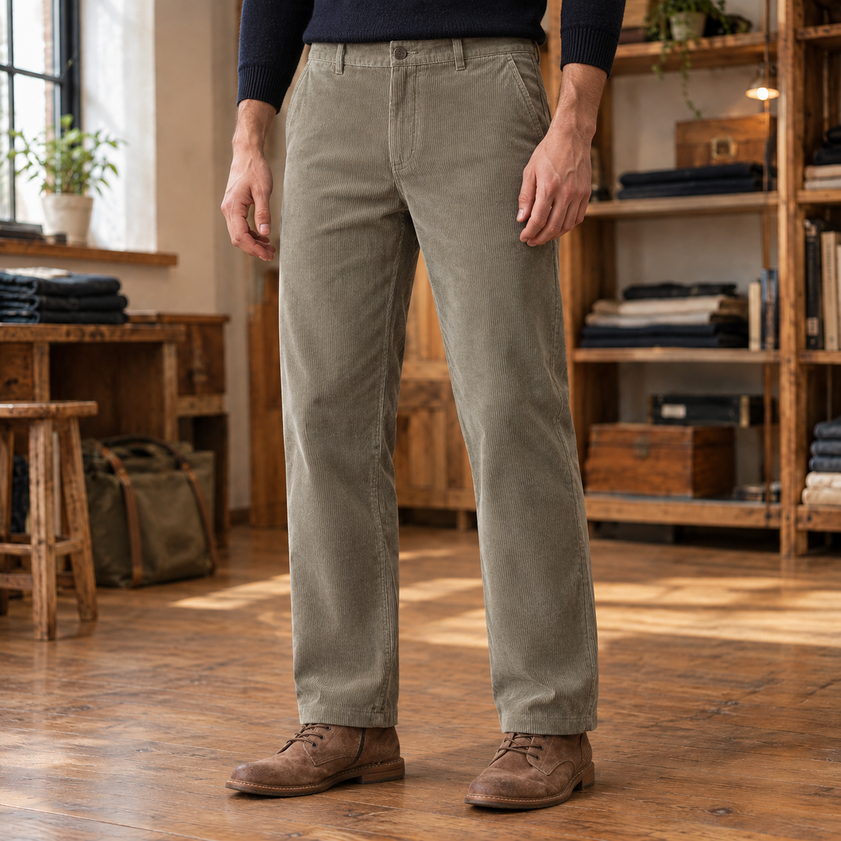Porter Fleece-Lined Corduroy Trousers - Khaki, worn, full trousers