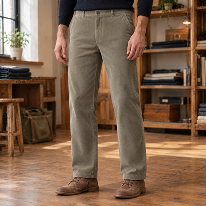Porter Fleece-Lined Corduroy Trousers - Khaki, worn, full trousers