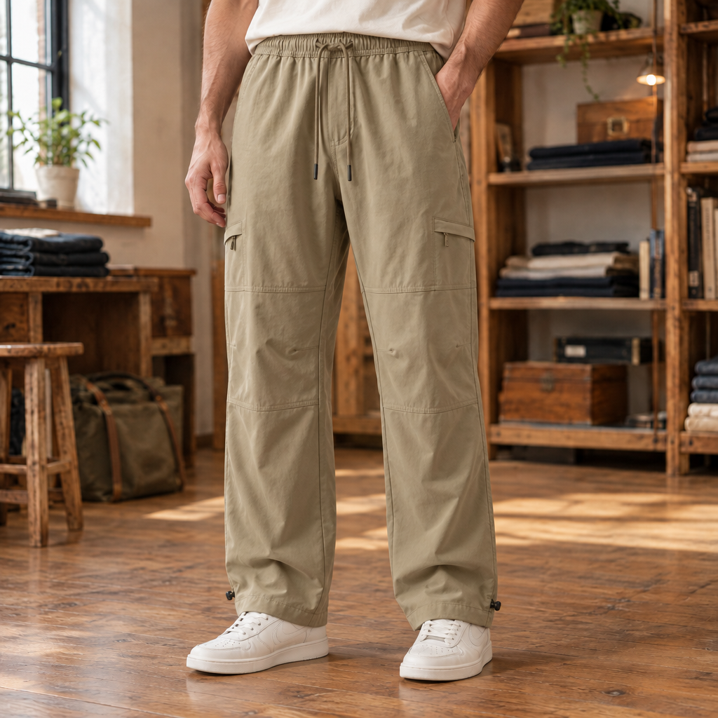 Nolan Zip-Pocket Cargo Pants - Khaki, worn, full length