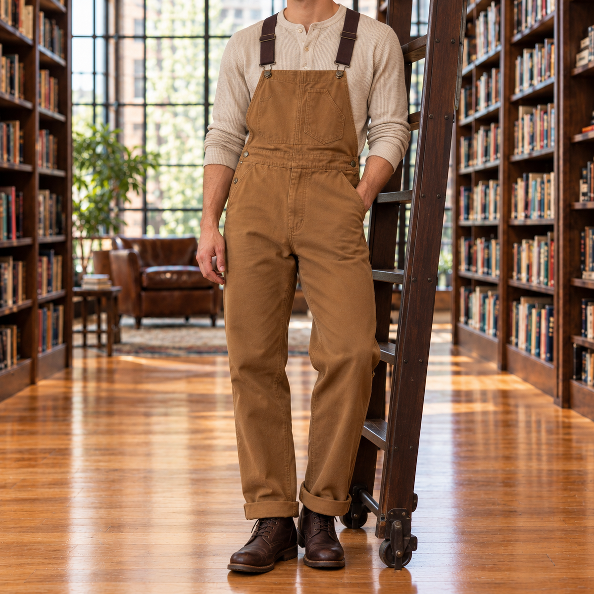 Jesse Cotton Canvas Bib Overalls - Khaki, worn, full overalls