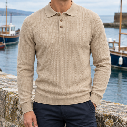 Richard Cable Jacquard Long-Sleeve Polo - Khaki, worn, full polo