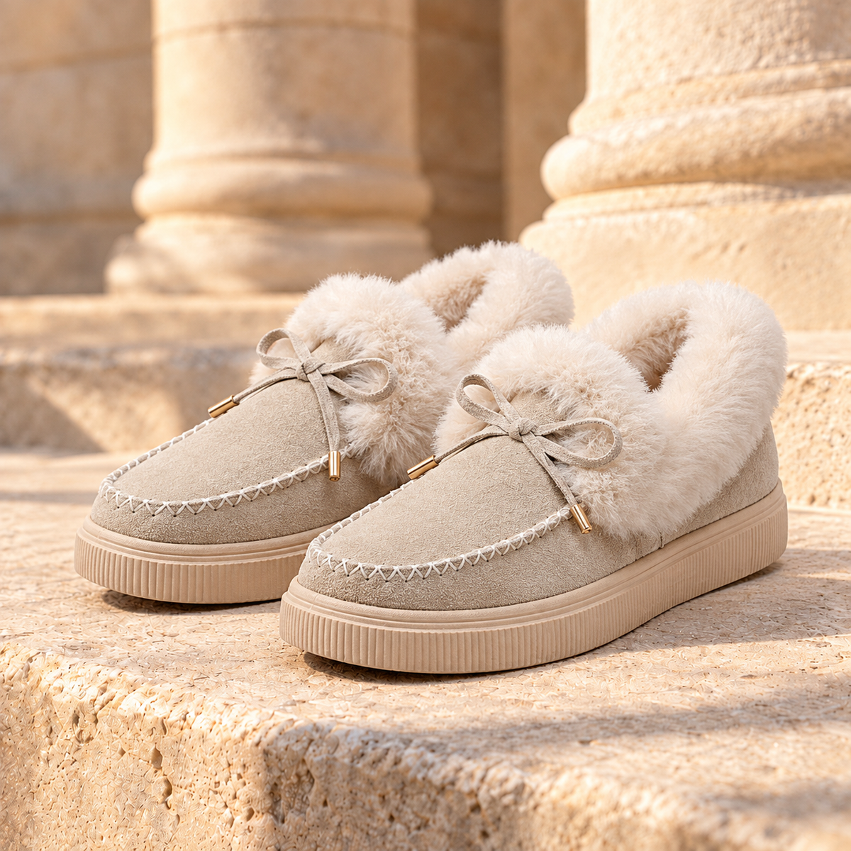Maggie Plush-Lined Bow Moccasins - Khaki, full pair