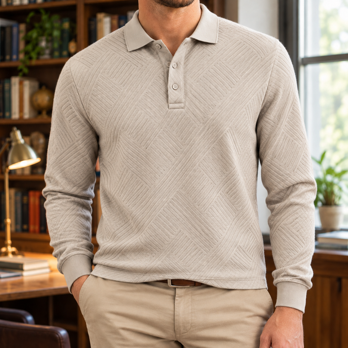 Edward Lattice Jacquard Long-Sleeve Polo - Khaki, worn, full polo