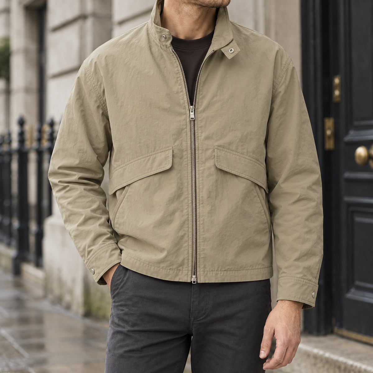 Ashby Nylon Stand-Collar Jacket — Khaki, worn, full jacket