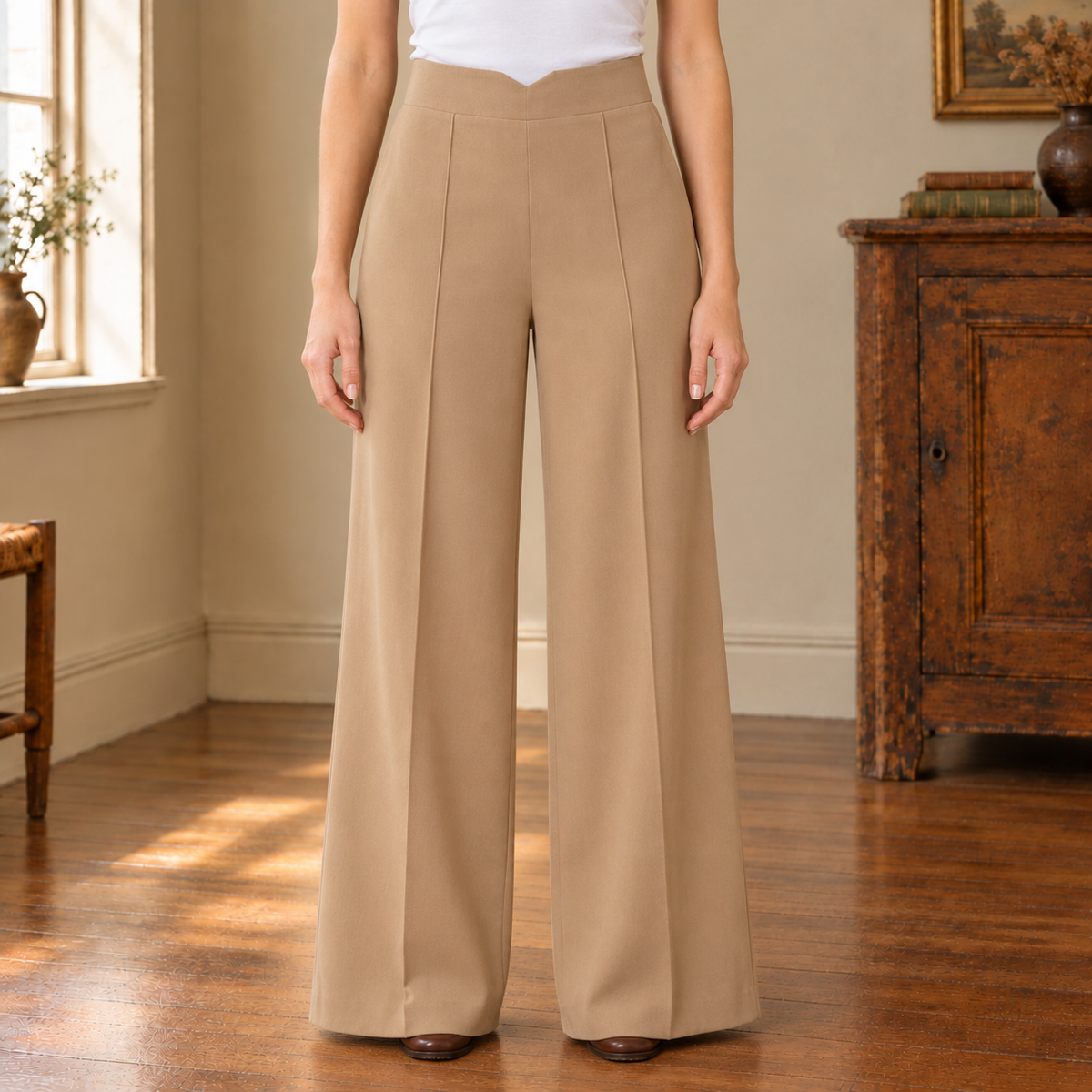 Natalie V-Waist Wide-Leg Trousers - Khaki, worn, full trousers