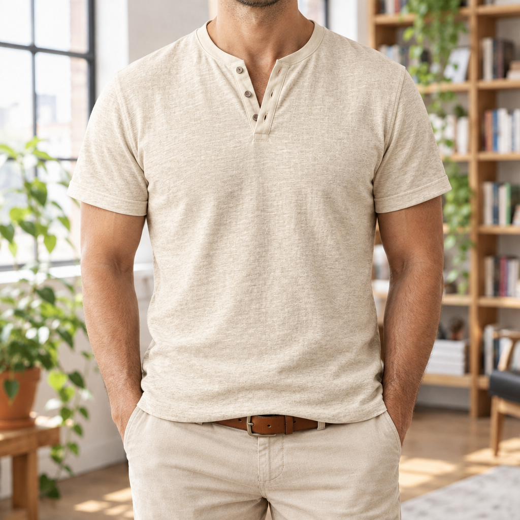 Nolan Slub-Texture Henley Tee - Khaki, worn