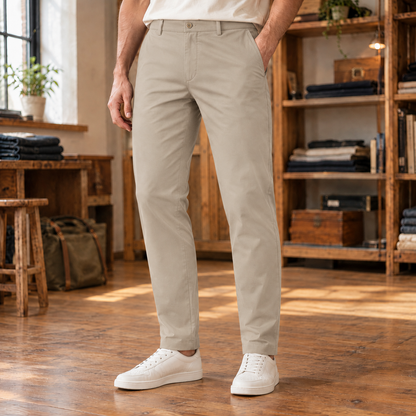 Graham Stretch Slim Chinos - Khaki, worn, full trousers