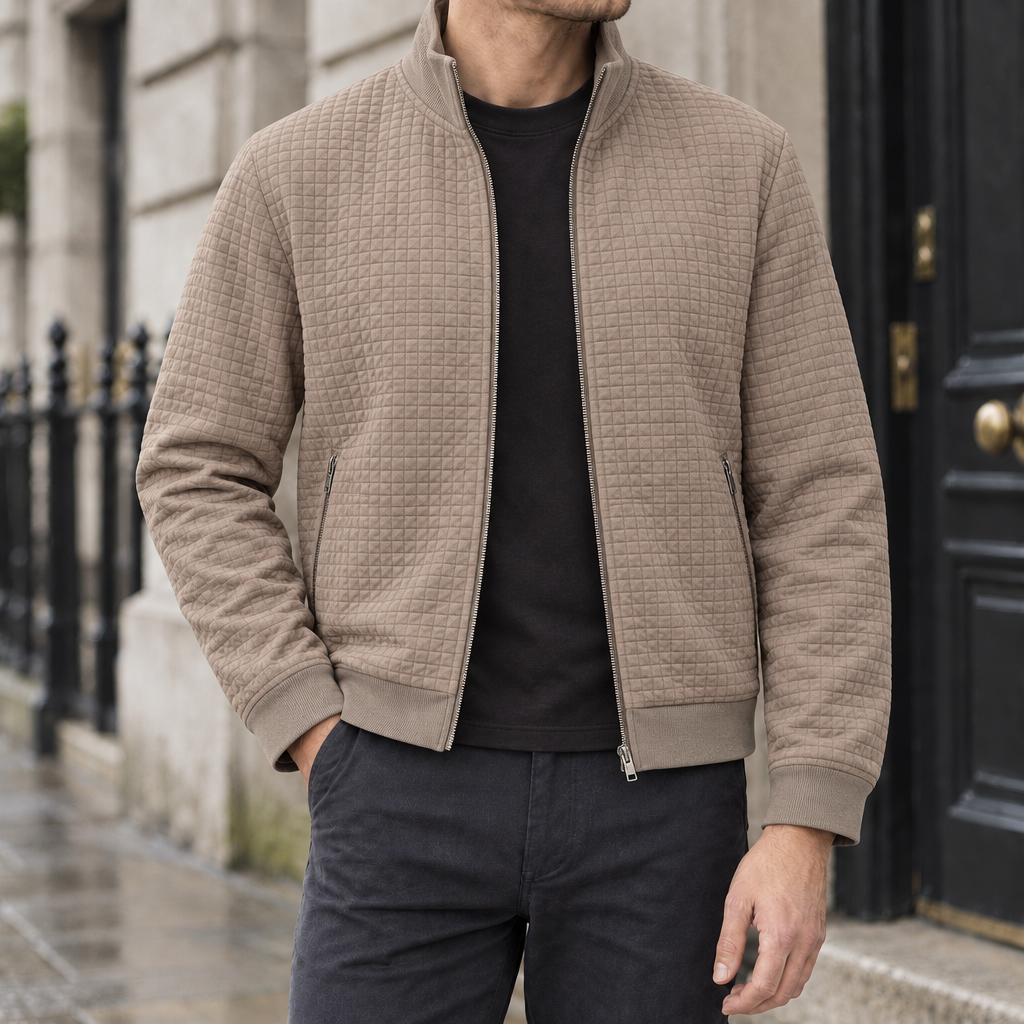 Nolan Grid-Quilted Zip Jacket - Khaki, worn, full jacket