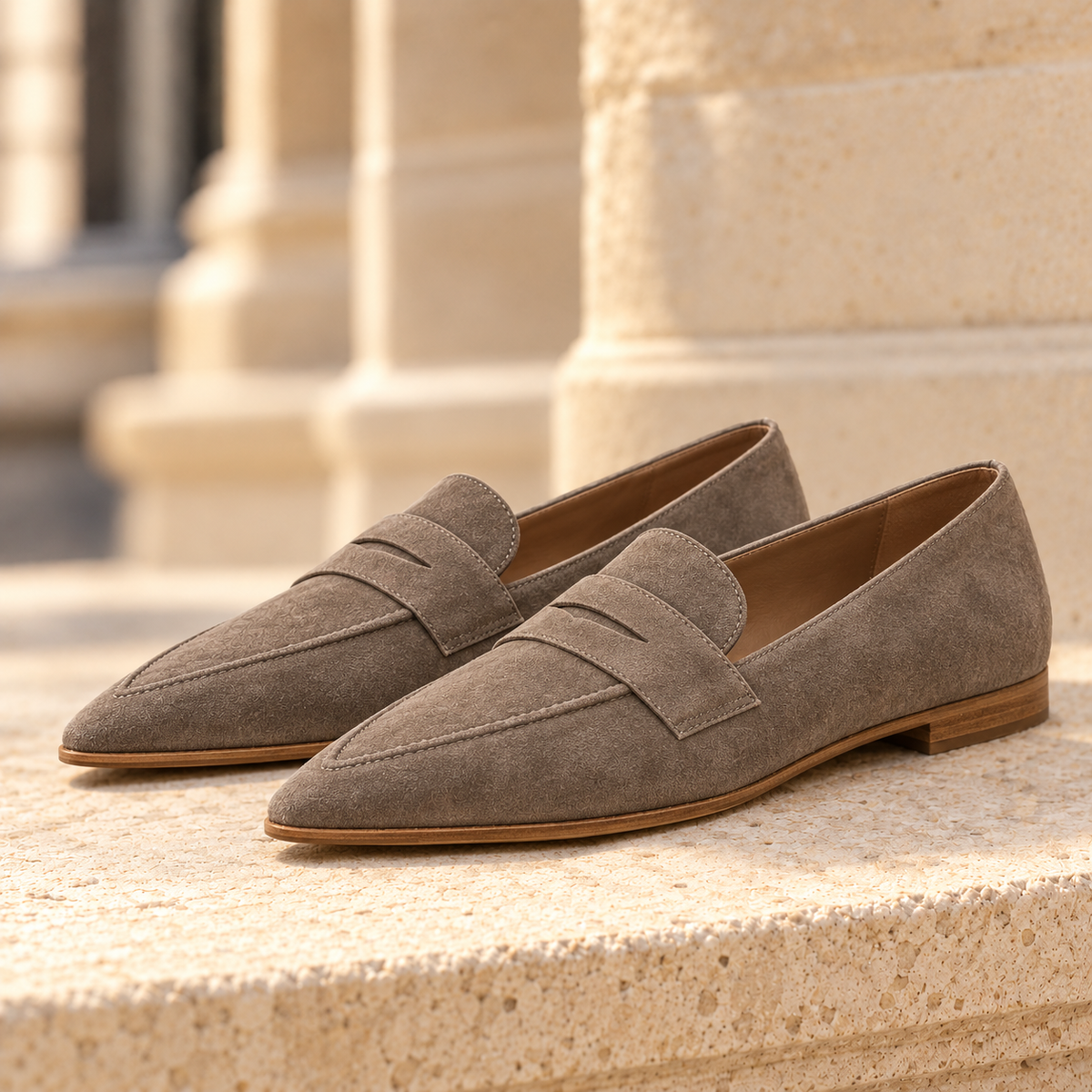 Hazel Pointed Suede Penny Loafers - Khaki, full pair