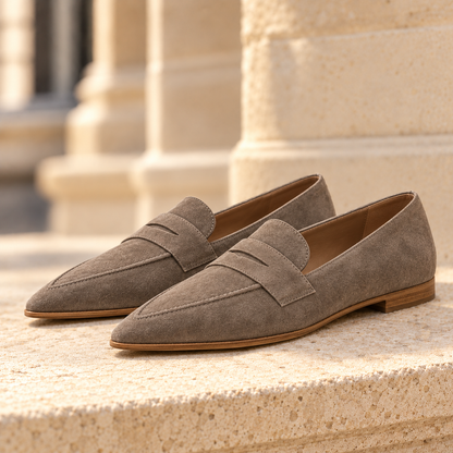 Hazel Pointed Suede Penny Loafers - Khaki, full pair
