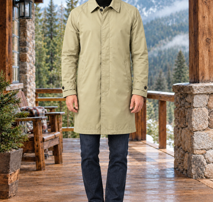 Pierce Single-Breasted Mac Coat - Khaki, worn