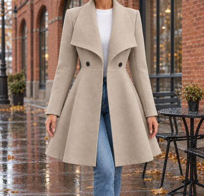 Rachel Wide-Lapel Flared Coat - Khaki, worn, full coat