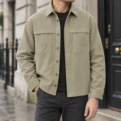Grant Cotton Shirt Jacket - Khaki, worn, full jacket