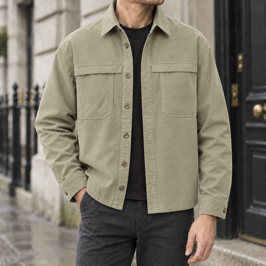 Grant Cotton Shirt Jacket - Khaki, worn, full jacket