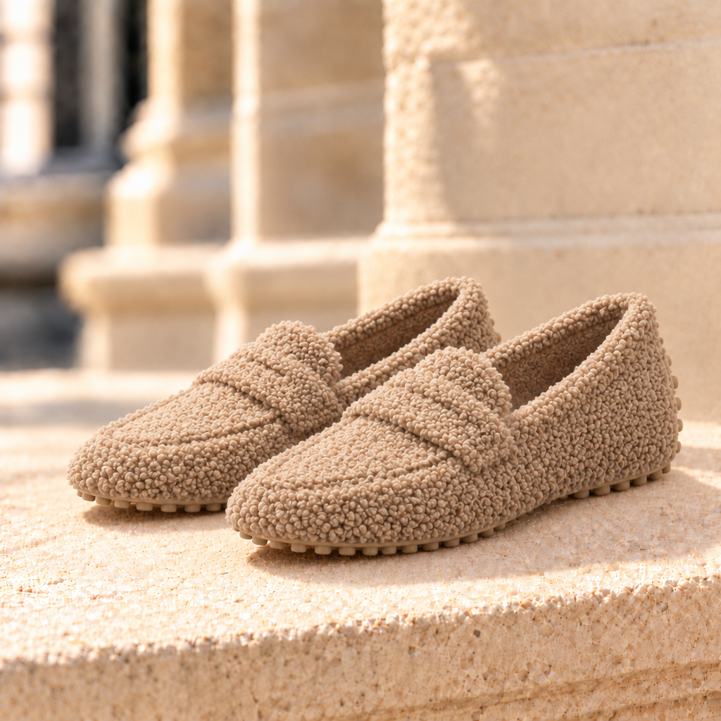 Emma Teddy Fleece Penny Loafers - Khaki, full pair