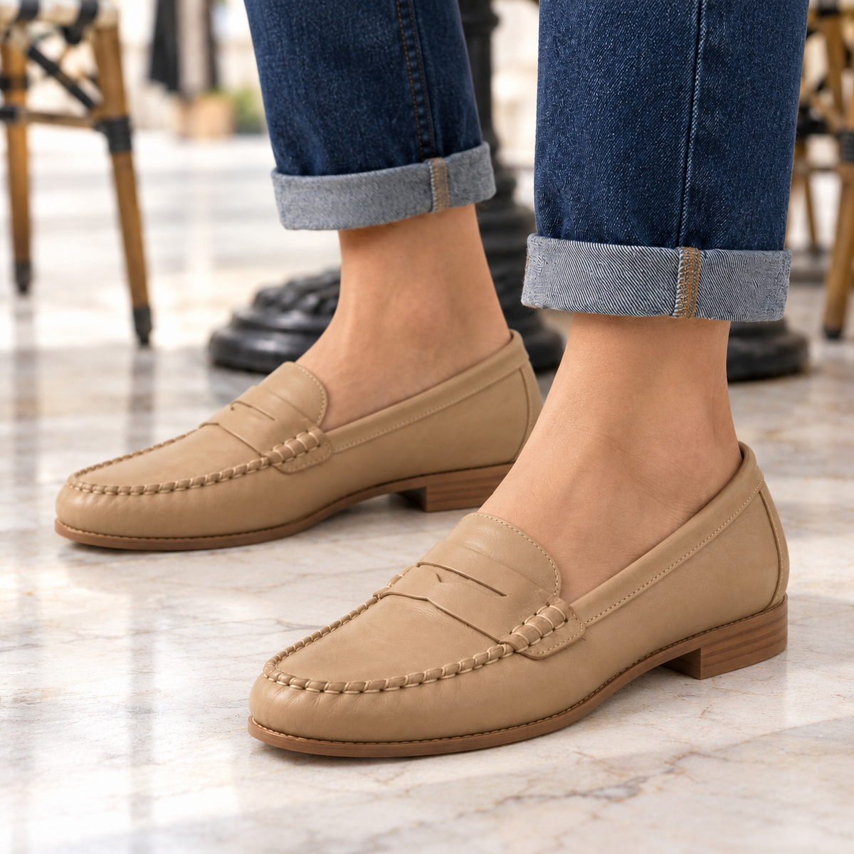 Lucy Moc-Stitched Leather Penny Loafers - Khaki, worn pair