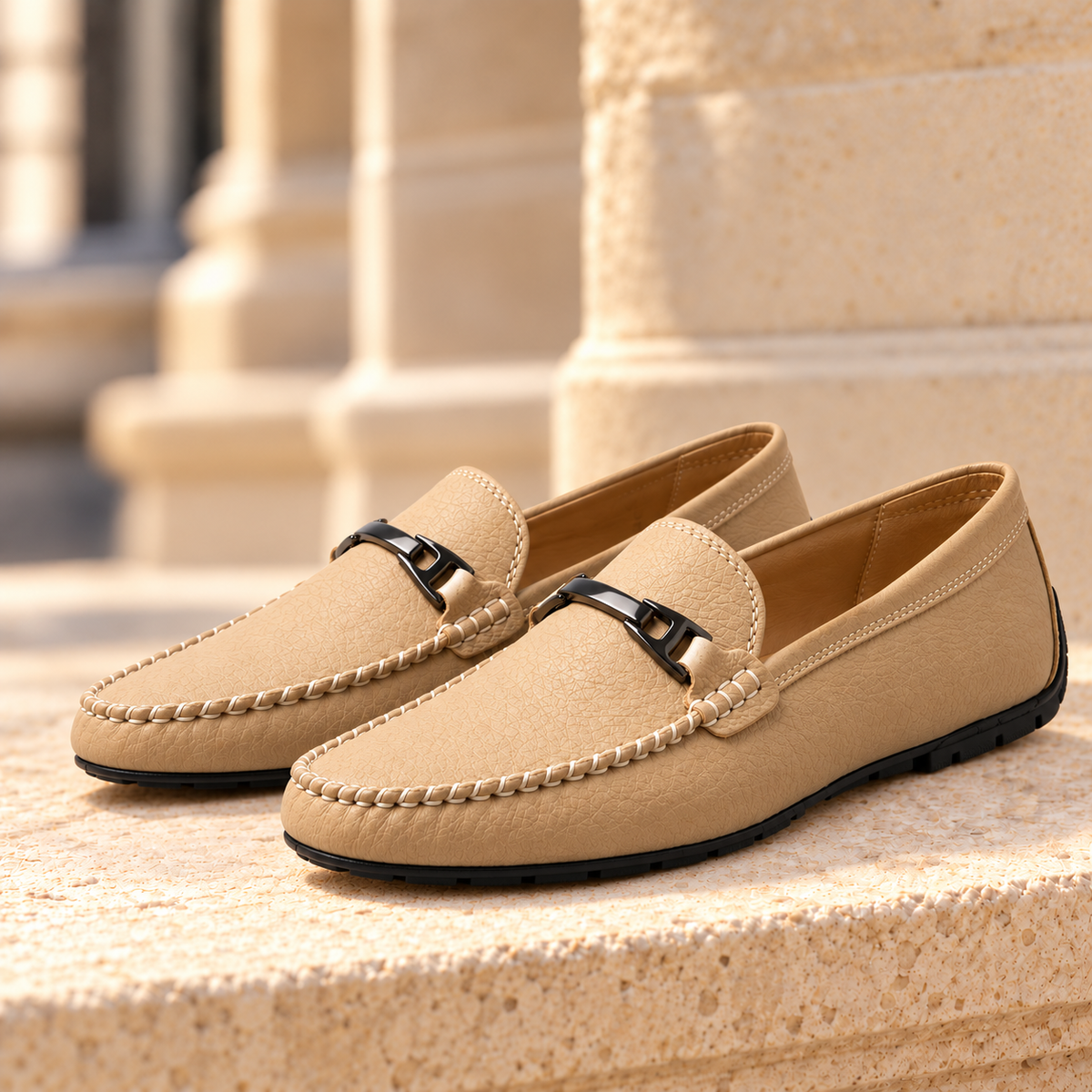 Logan Leather Bit Driving Loafers - Khaki, full pair