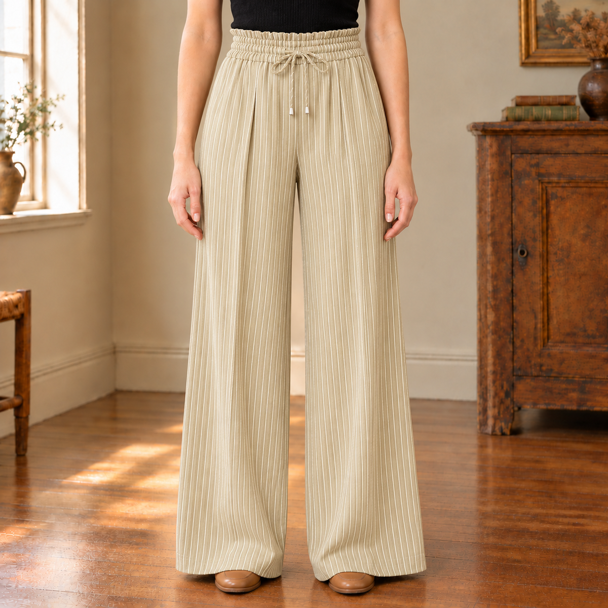 Paige Pinstripe Wide-Leg Trousers - Khaki, worn, full trousers