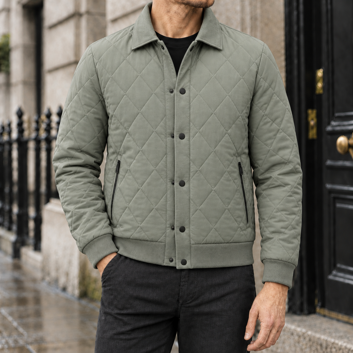 Henry Diamond-Quilted Collared Jacket - Khaki, worn, full jacket