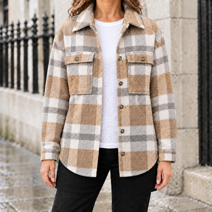 Lily Brushed Plaid Shirt Jacket - Khaki, worn, full jacket