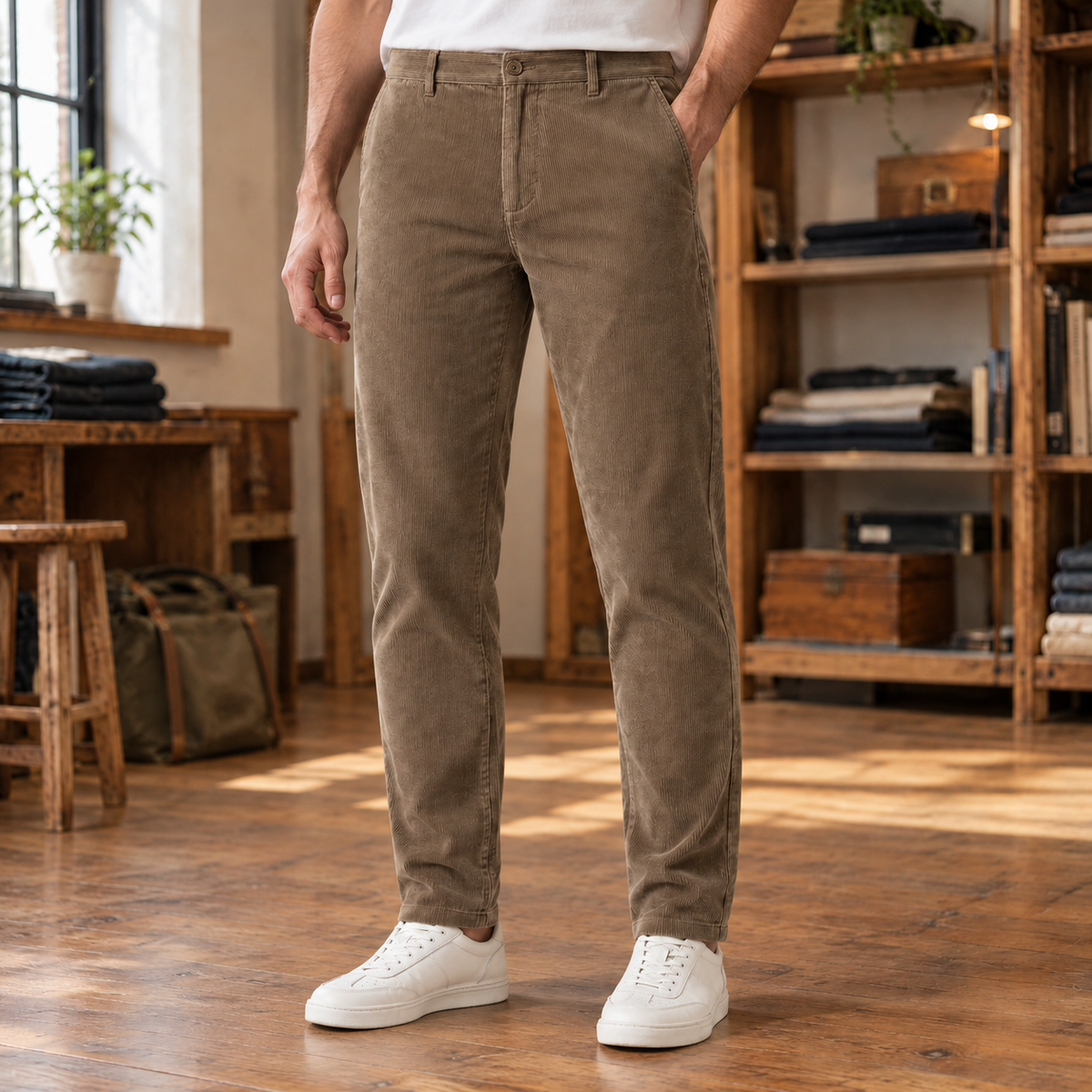 Clark Corduroy Tapered Trousers - Khaki, worn, full length