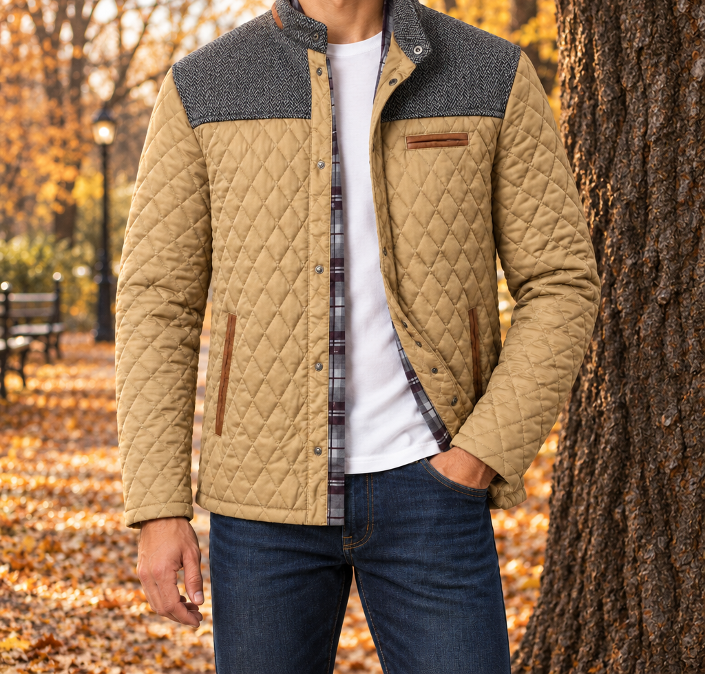 Marshall Knit-Yoke Quilted Jacket - Khaki, worn